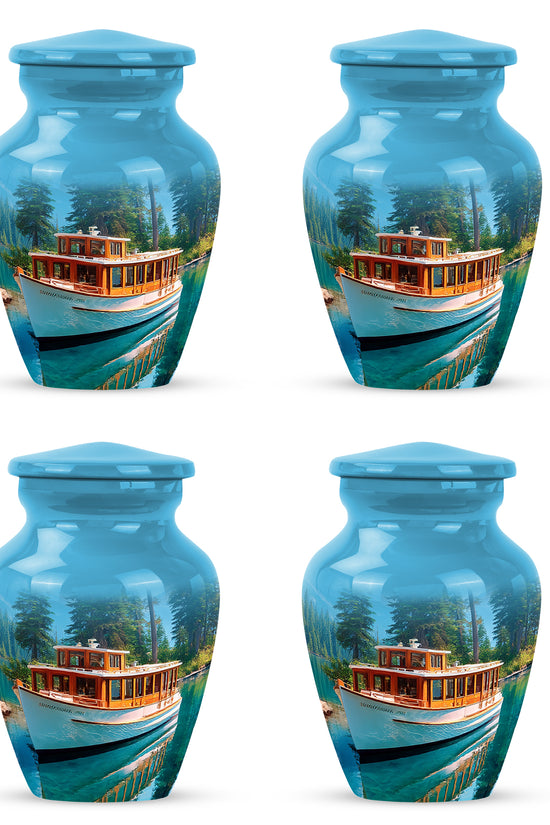 Cornflower Blue Boat Cremation Urn side profile showing urn shape - traditional boat engraving with hand-polished finish - 10 inch aluminum urn for cremated remains