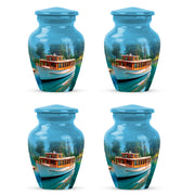 Cornflower Blue Boat Cremation Urn side profile showing urn shape - traditional boat engraving with hand-polished finish - 10 inch aluminum urn for cremated remains