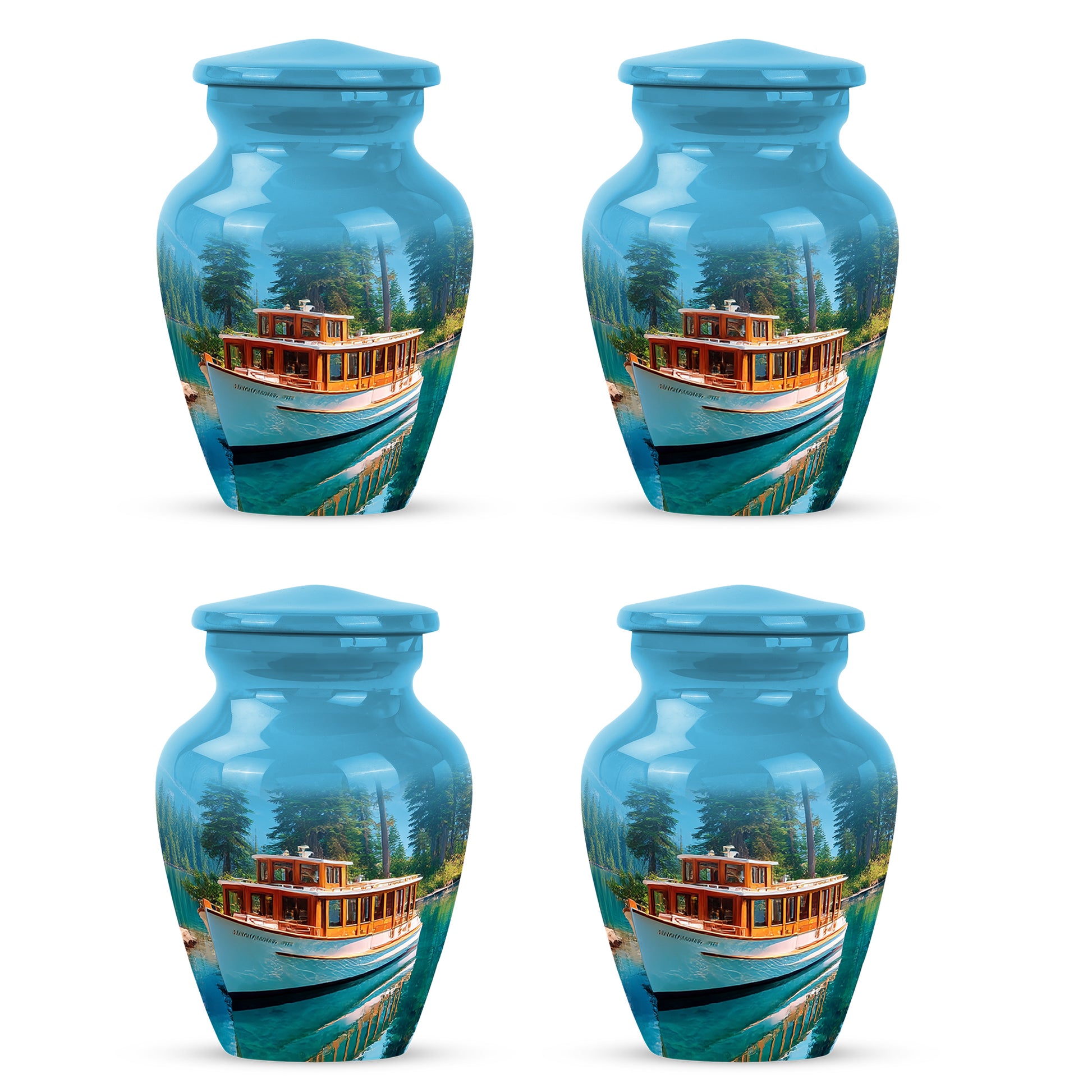 Cornflower Blue Boat Cremation Urn side profile showing urn shape - traditional boat engraving with hand-polished finish - 10 inch aluminum urn for cremated remains