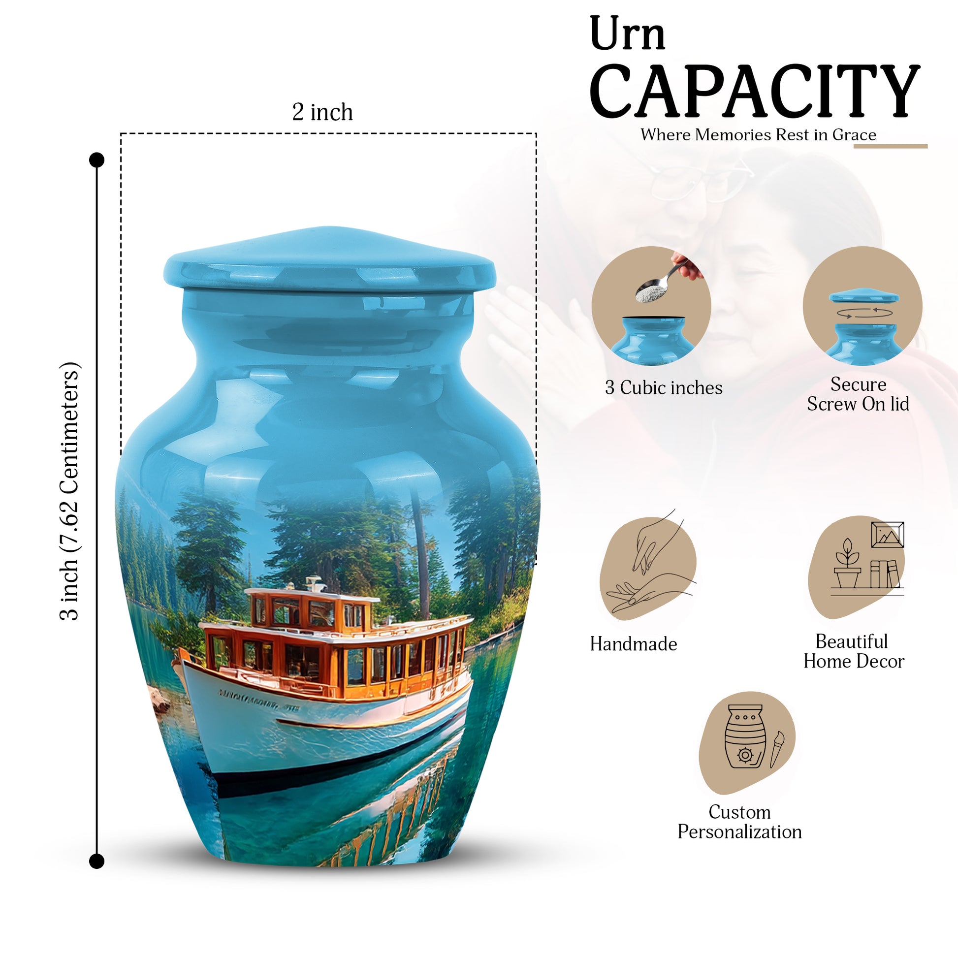 Icy Blue Boat Cremation Urn close-up of engraving and surface detail - timeless boat motif etched into premium metal - mini keepsake memorial for portion of cremation ashes