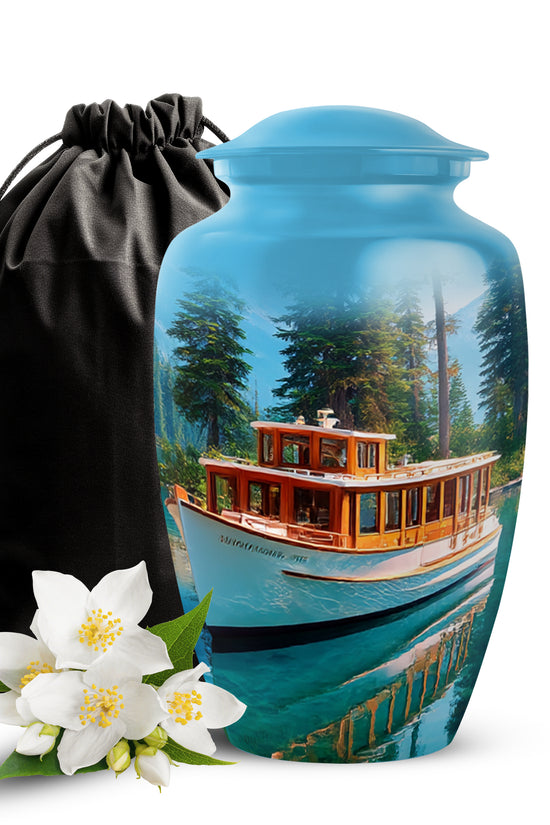 Vivid Blue Boat Cremation Urn angled view of lid and engraved motif - traditional boat engraving with hand-polished finish - full-size 10 inch 200 cubic inch adult cremation urn