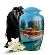 Vivid Blue Boat Cremation Urn angled view of lid and engraved motif - traditional boat engraving with hand-polished finish - full-size 10 inch 200 cubic inch adult cremation urn