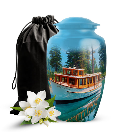 Vivid Blue Boat Cremation Urn angled view of lid and engraved motif - traditional boat engraving with hand-polished finish - full-size 10 inch 200 cubic inch adult cremation urn