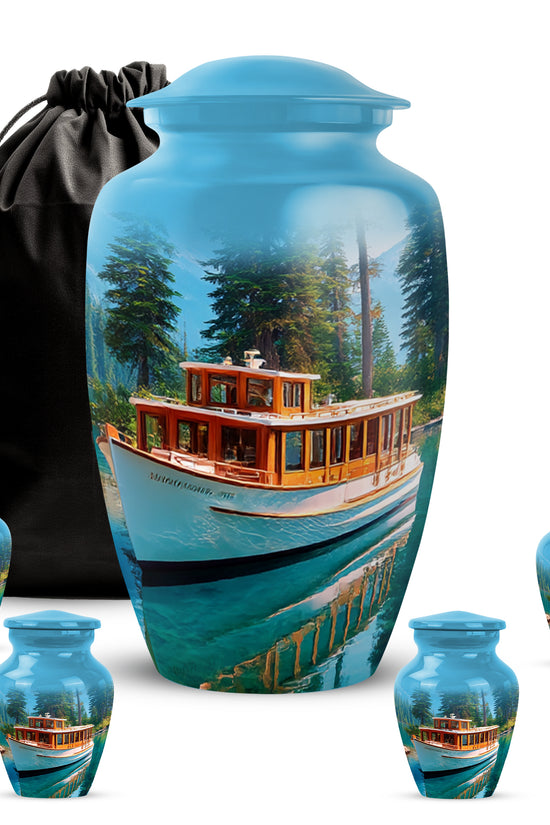 Powder Blue Boat Cremation Urn top-down view of secure threaded lid - classic sculpted boat pattern on smooth aluminum - memorial set with one large and four small urns