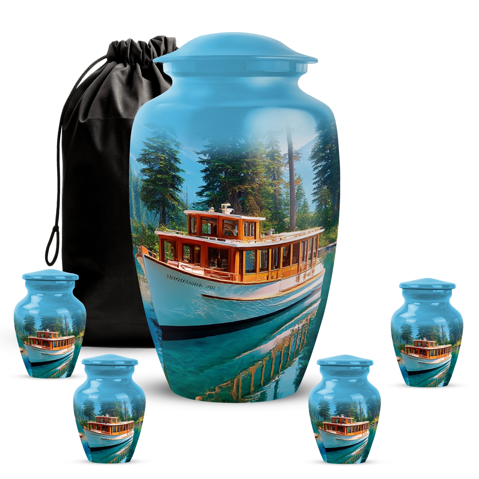 Powder Blue Boat Cremation Urn top-down view of secure threaded lid - classic sculpted boat pattern on smooth aluminum - memorial set with one large and four small urns