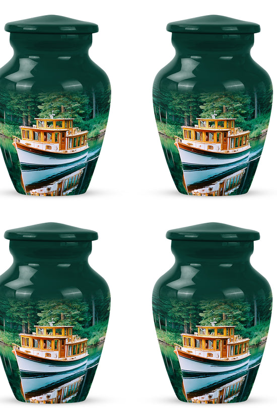 Vivid Teal Boat Cremation Urn side profile showing urn shape - elegant classic boat relief with fine detailing - 10 inch aluminum urn for cremated remains