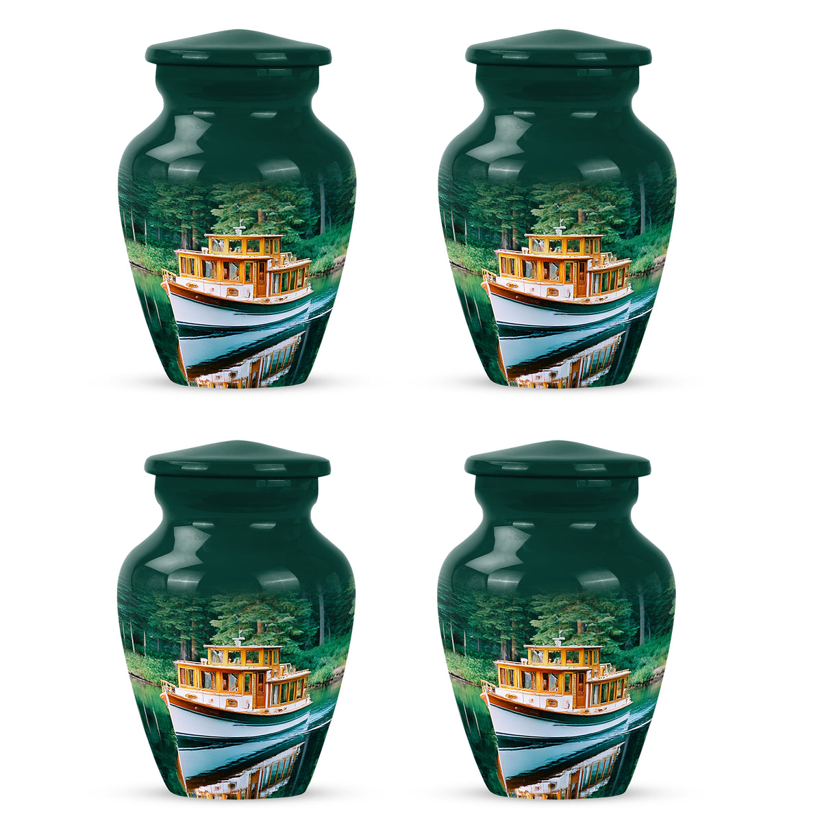 Vivid Teal Boat Cremation Urn side profile showing urn shape - elegant classic boat relief with fine detailing - 10 inch aluminum urn for cremated remains