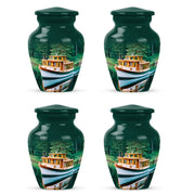 Vivid Teal Boat Cremation Urn side profile showing urn shape - elegant classic boat relief with fine detailing - 10 inch aluminum urn for cremated remains