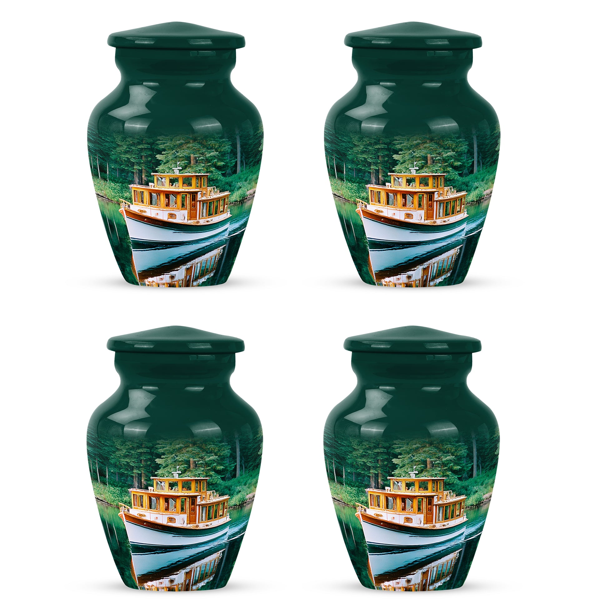 Vivid Teal Boat Cremation Urn side profile showing urn shape - elegant classic boat relief with fine detailing - 10 inch aluminum urn for cremated remains