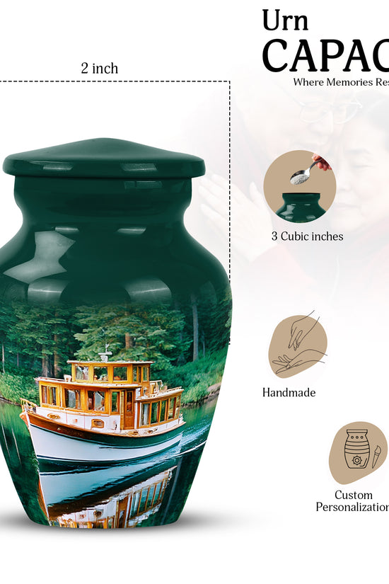 Tropical Teal Boat Cremation Urn close-up of engraving and surface detail - traditional boat engraving with hand-polished finish - mini keepsake memorial for portion of cremation ashes