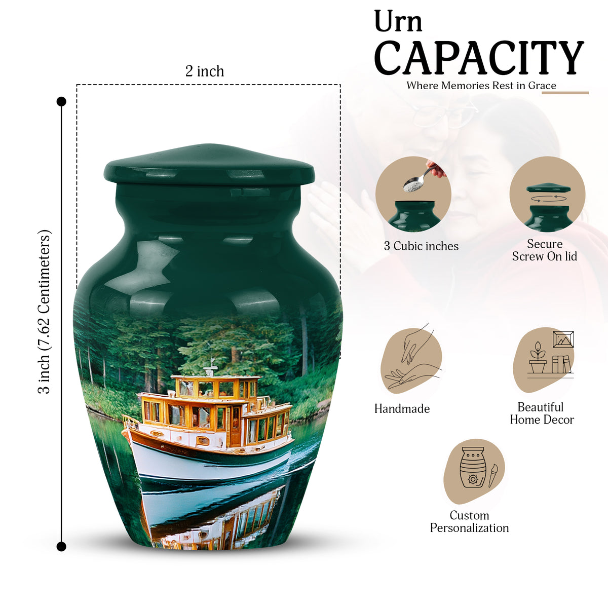 Tropical Teal Boat Cremation Urn close-up of engraving and surface detail - traditional boat engraving with hand-polished finish - mini keepsake memorial for portion of cremation ashes