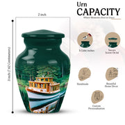 Tropical Teal Boat Cremation Urn close-up of engraving and surface detail - traditional boat engraving with hand-polished finish - mini keepsake memorial for portion of cremation ashes