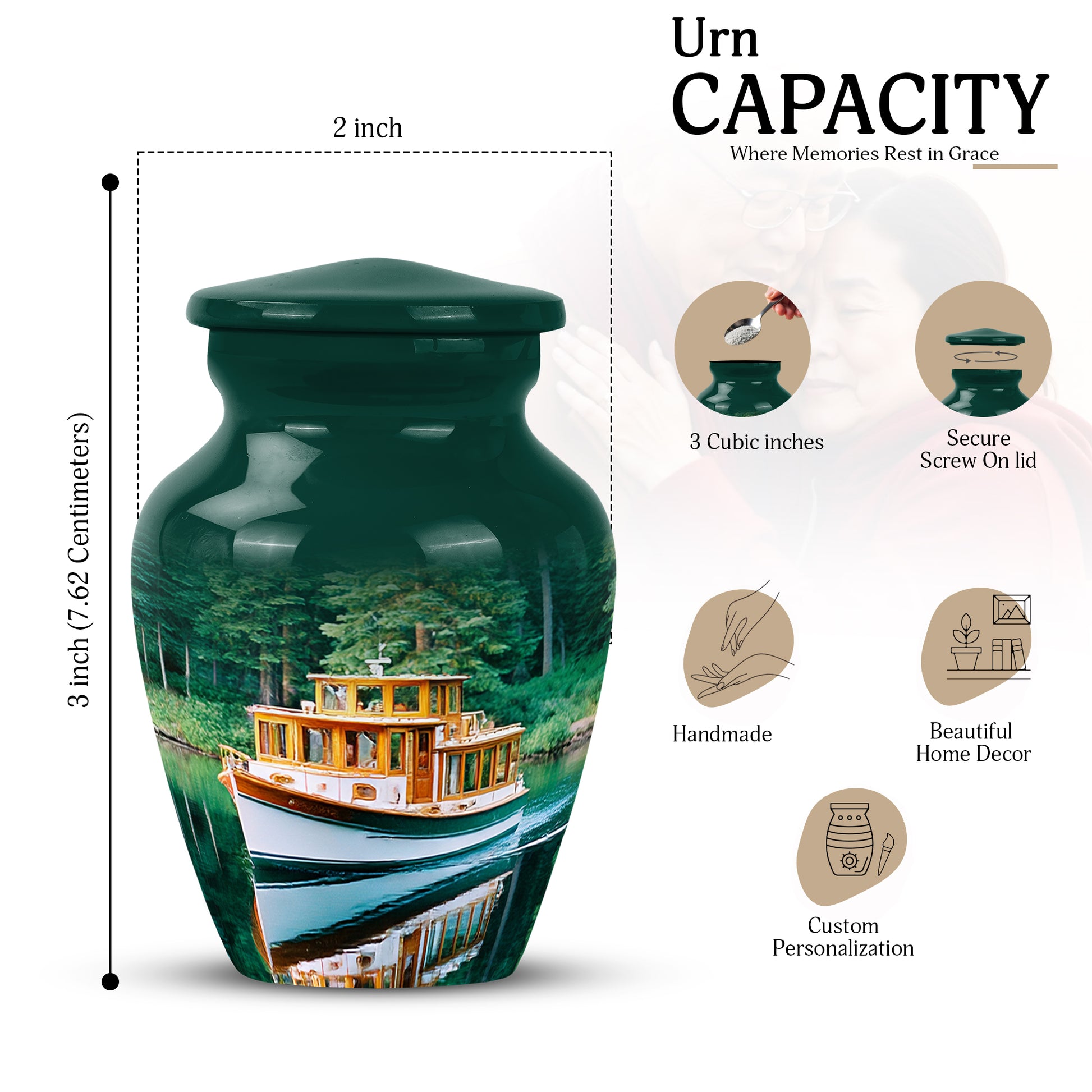 Tropical Teal Boat Cremation Urn close-up of engraving and surface detail - traditional boat engraving with hand-polished finish - mini keepsake memorial for portion of cremation ashes