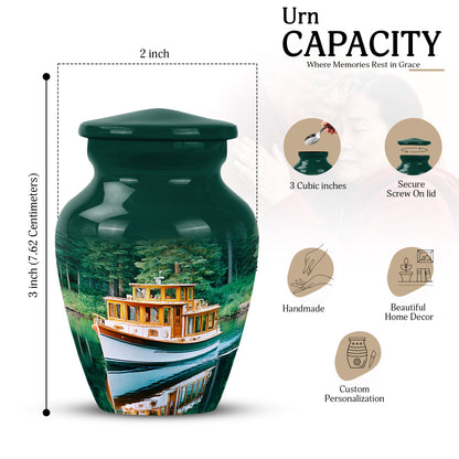 Tropical Teal Boat Cremation Urn close-up of engraving and surface detail - traditional boat engraving with hand-polished finish - mini keepsake memorial for portion of cremation ashes