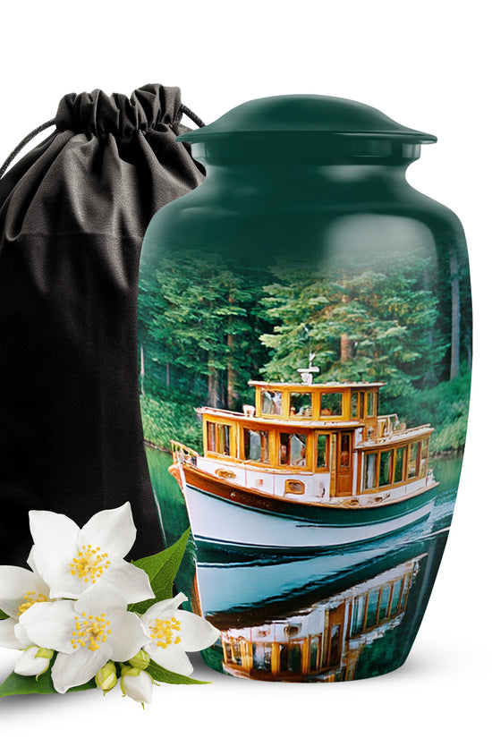 Cool Teal Boat Cremation Urn angled view of lid and engraved motif - classic sculpted boat pattern on smooth aluminum - full-size 10 inch 200 cubic inch adult cremation urn