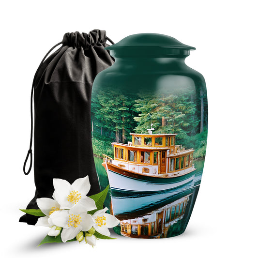 Cool Teal Boat Cremation Urn angled view of lid and engraved motif - classic sculpted boat pattern on smooth aluminum - full-size 10 inch 200 cubic inch adult cremation urn