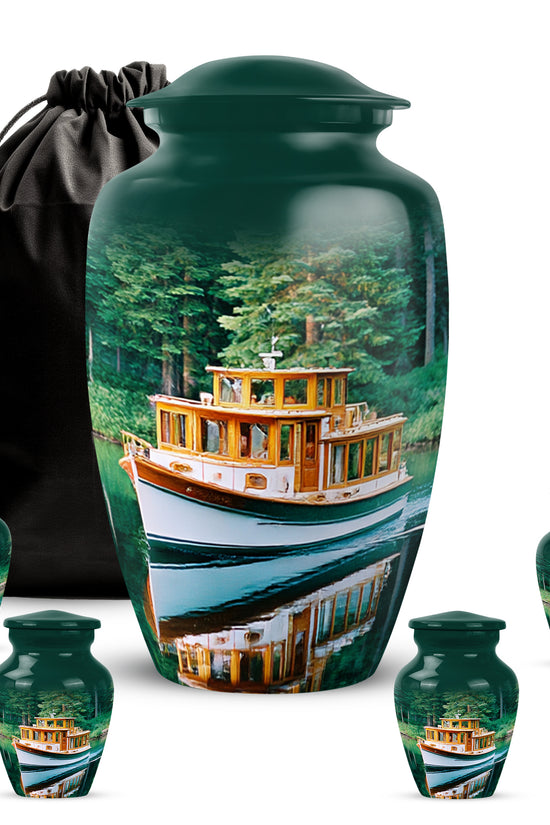 Jewel Teal Boat Cremation Urn top-down view of secure threaded lid - classic sculpted boat pattern on smooth aluminum - memorial set with one large and four small urns