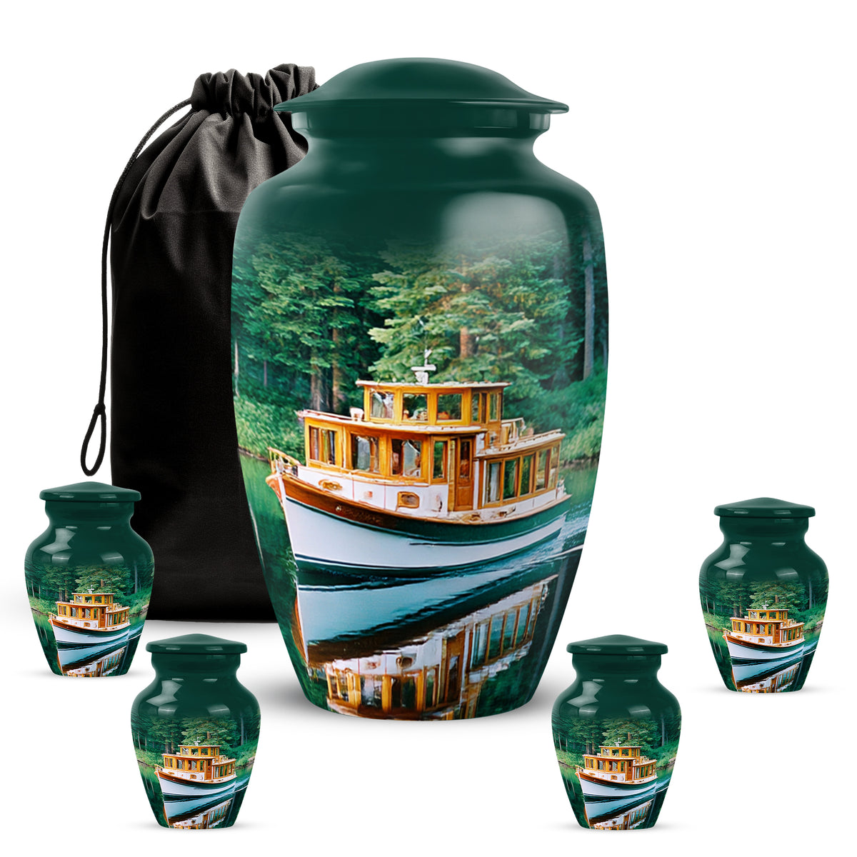 Jewel Teal Boat Cremation Urn top-down view of secure threaded lid - classic sculpted boat pattern on smooth aluminum - memorial set with one large and four small urns