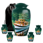 Jewel Teal Boat Cremation Urn top-down view of secure threaded lid - classic sculpted boat pattern on smooth aluminum - memorial set with one large and four small urns