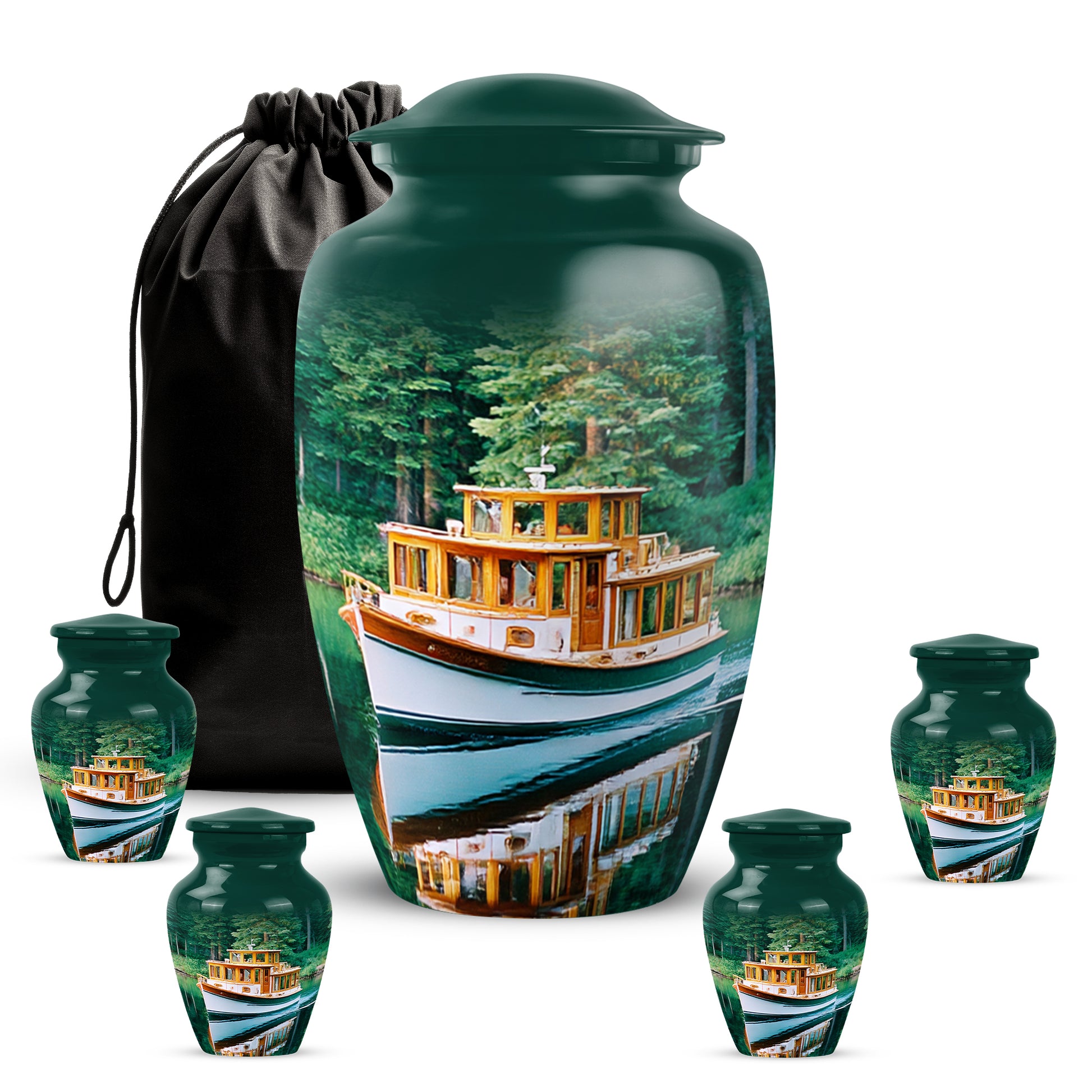 Jewel Teal Boat Cremation Urn top-down view of secure threaded lid - classic sculpted boat pattern on smooth aluminum - memorial set with one large and four small urns