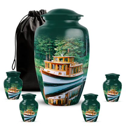 Jewel Teal Boat Cremation Urn top-down view of secure threaded lid - classic sculpted boat pattern on smooth aluminum - memorial set with one large and four small urns