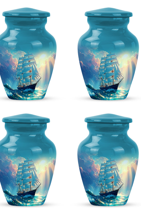 Tropical Teal Boat Cremation Urn side profile showing urn shape - traditional boat engraving with hand-polished finish - 10 inch aluminum urn for cremated remains