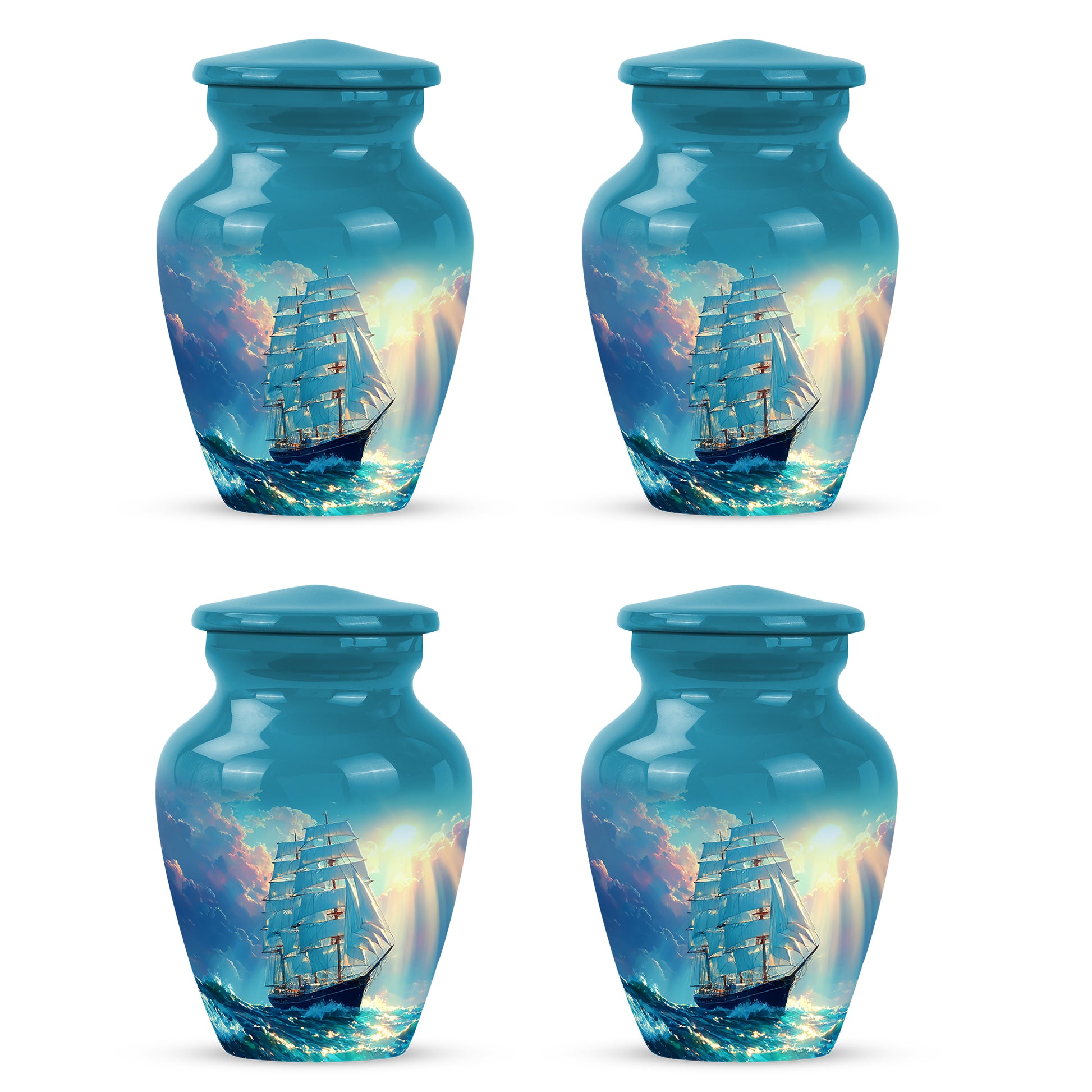 Tropical Teal Boat Cremation Urn side profile showing urn shape - traditional boat engraving with hand-polished finish - 10 inch aluminum urn for cremated remains