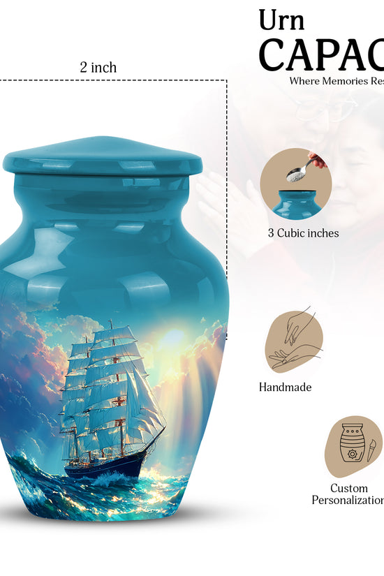 Ocean Teal Boat Cremation Urn close-up of engraving and surface detail - classic sculpted boat pattern on smooth aluminum - mini keepsake memorial for portion of cremation ashes