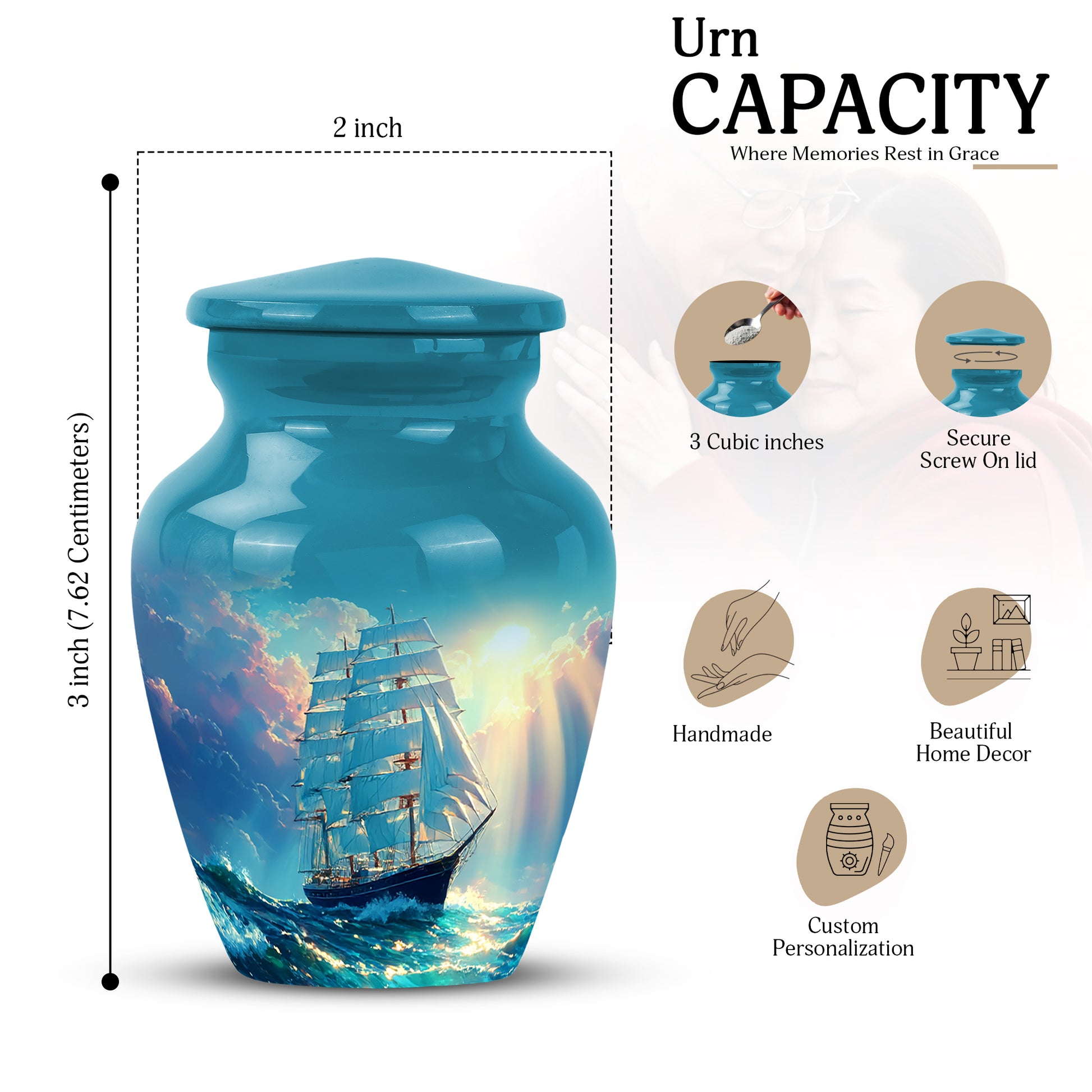 Ocean Teal Boat Cremation Urn close-up of engraving and surface detail - classic sculpted boat pattern on smooth aluminum - mini keepsake memorial for portion of cremation ashes