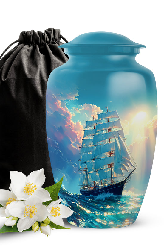 Sea Green Teal Boat Cremation Urn angled view of lid and engraved motif - classic sculpted boat pattern on smooth aluminum - full-size 10 inch 200 cubic inch adult cremation urn