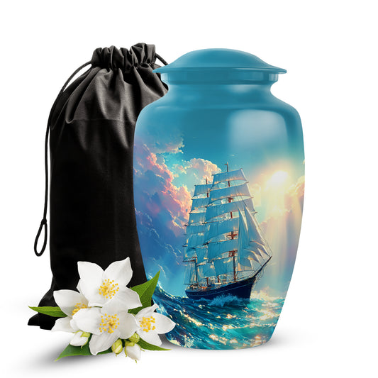 Sea Green Teal Boat Cremation Urn angled view of lid and engraved motif - classic sculpted boat pattern on smooth aluminum - full-size 10 inch 200 cubic inch adult cremation urn