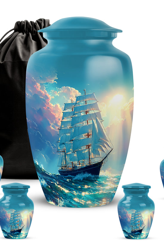 Mystic Teal Boat Cremation Urn top-down view of secure threaded lid - traditional boat engraving with hand-polished finish - memorial set with one large and four small urns