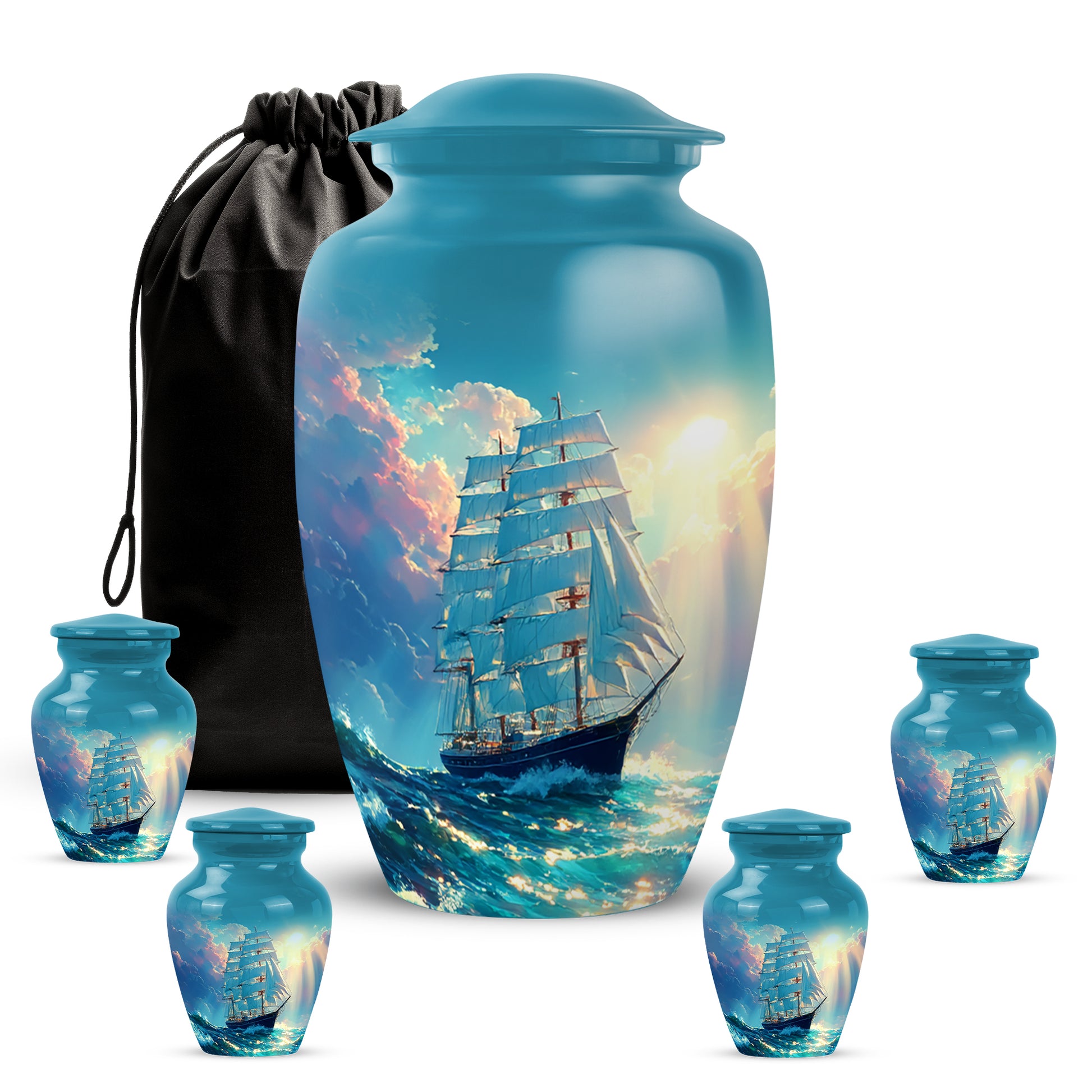 Mystic Teal Boat Cremation Urn top-down view of secure threaded lid - traditional boat engraving with hand-polished finish - memorial set with one large and four small urns