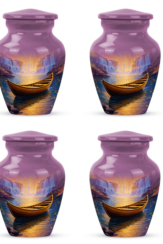 Pastel Pink Boat Cremation Urn side profile showing urn shape - timeless boat motif etched into premium metal - 10 inch aluminum urn for cremated remains