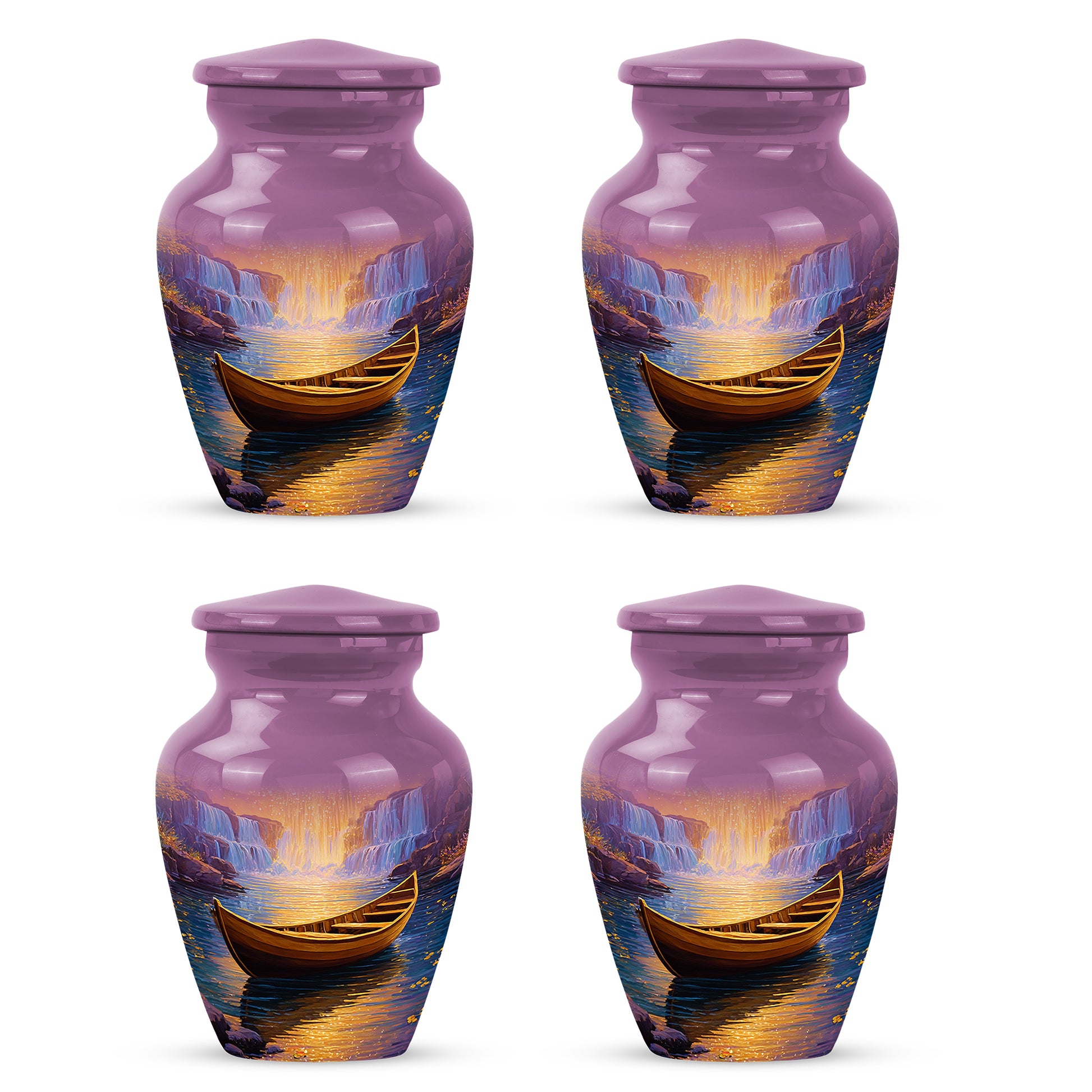 Pastel Pink Boat Cremation Urn side profile showing urn shape - timeless boat motif etched into premium metal - 10 inch aluminum urn for cremated remains