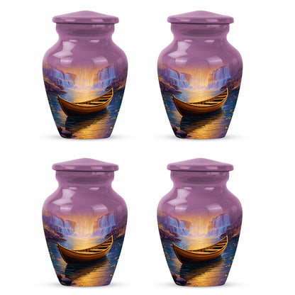 Pastel Pink Boat Cremation Urn side profile showing urn shape - timeless boat motif etched into premium metal - 10 inch aluminum urn for cremated remains