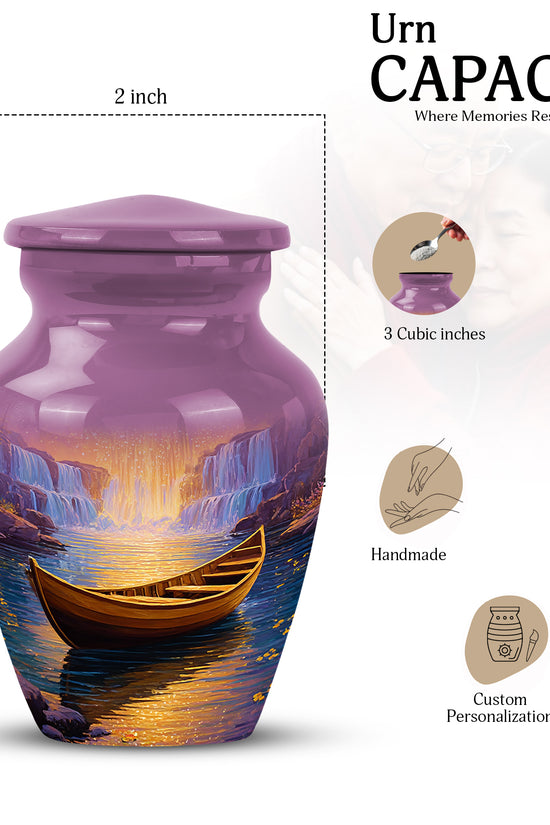 Salmon Pink Boat Cremation Urn close-up of engraving and surface detail - traditional boat engraving with hand-polished finish - mini keepsake memorial for portion of cremation ashes