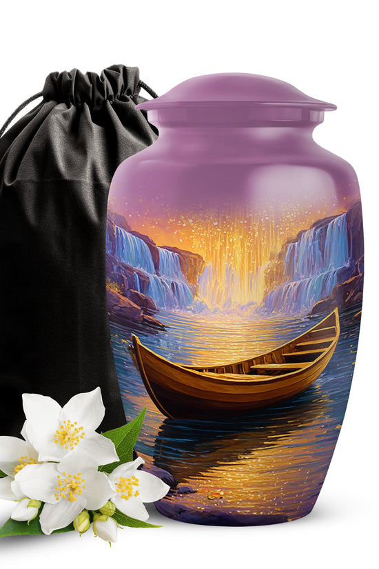 Vintage Pink Boat Cremation Urn angled view of lid and engraved motif - elegant classic boat relief with fine detailing - full-size 10 inch 200 cubic inch adult cremation urn