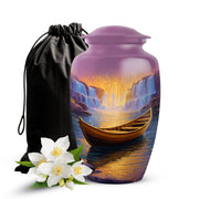Vintage Pink Boat Cremation Urn angled view of lid and engraved motif - elegant classic boat relief with fine detailing - full-size 10 inch 200 cubic inch adult cremation urn