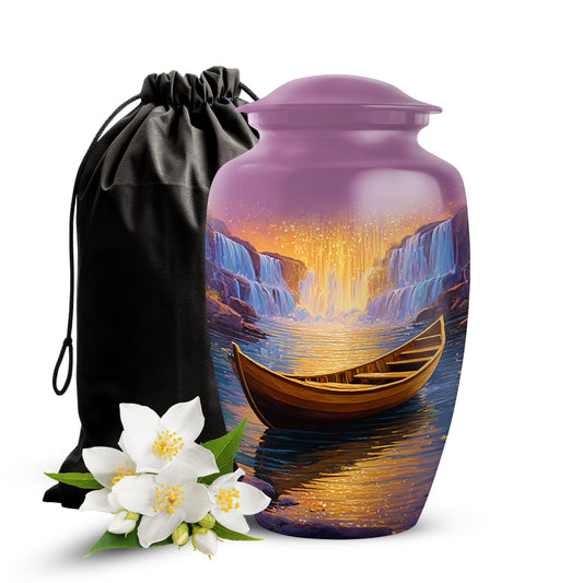 Vintage Pink Boat Cremation Urn angled view of lid and engraved motif - elegant classic boat relief with fine detailing - full-size 10 inch 200 cubic inch adult cremation urn