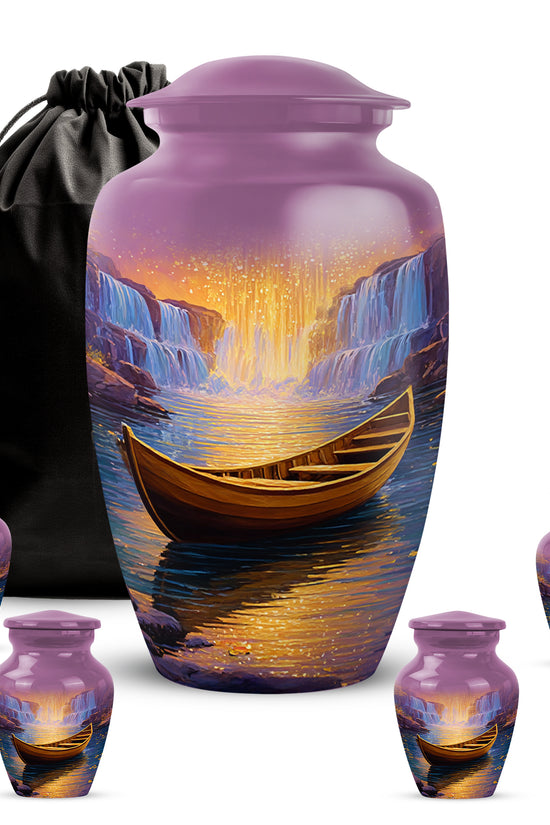 Dusty Pink Boat Cremation Urn top-down view of secure threaded lid - traditional boat engraving with hand-polished finish - memorial set with one large and four small urns