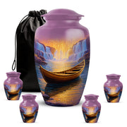 Dusty Pink Boat Cremation Urn top-down view of secure threaded lid - traditional boat engraving with hand-polished finish - memorial set with one large and four small urns