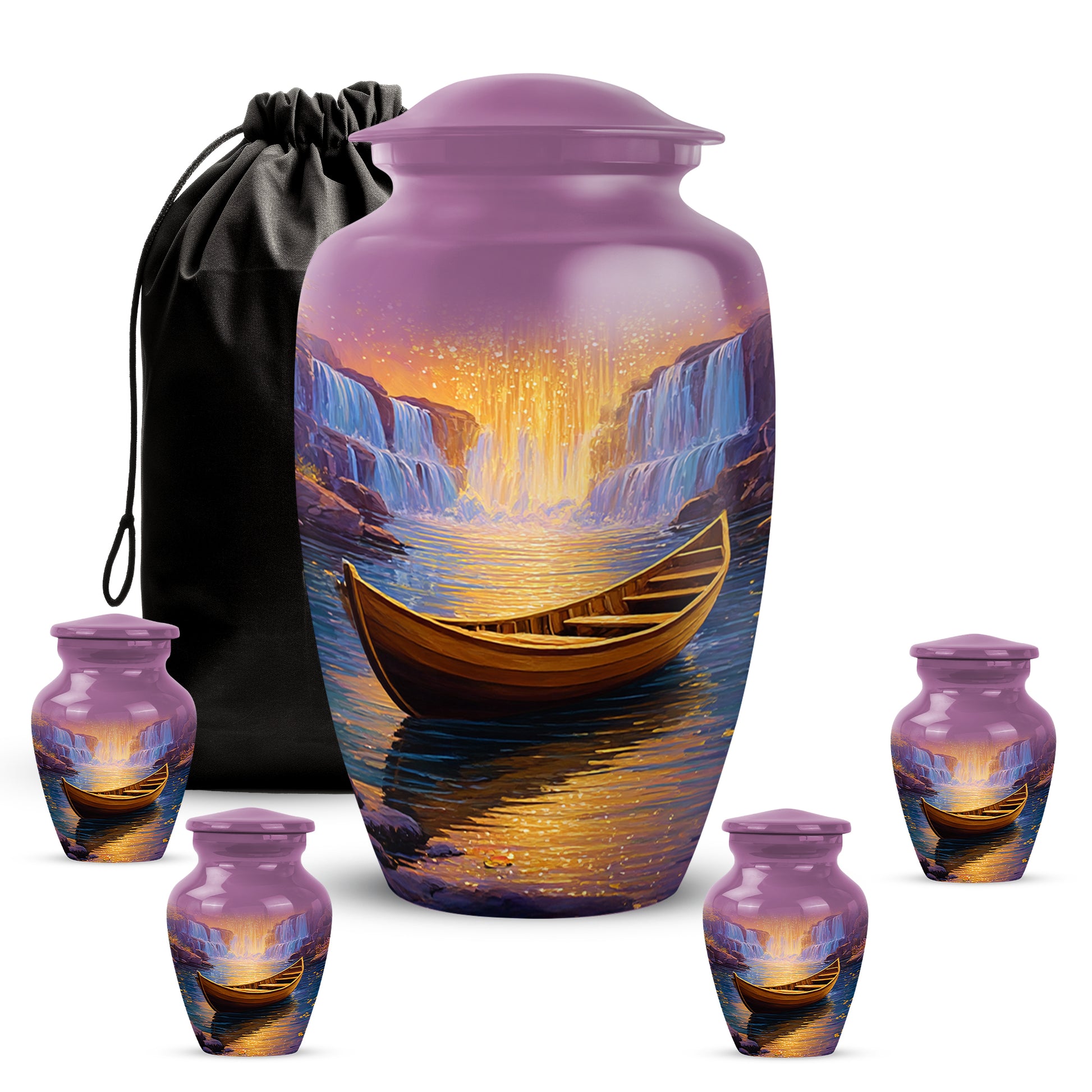 Dusty Pink Boat Cremation Urn top-down view of secure threaded lid - traditional boat engraving with hand-polished finish - memorial set with one large and four small urns