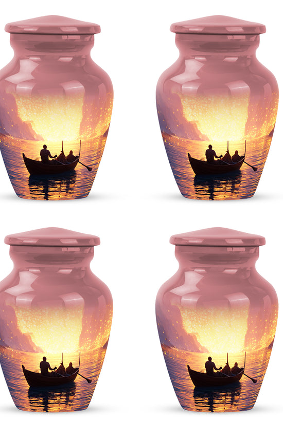 Fiery Red Boat Cremation Urn side profile showing urn shape - elegant classic boat relief with fine detailing - 10 inch aluminum urn for cremated remains