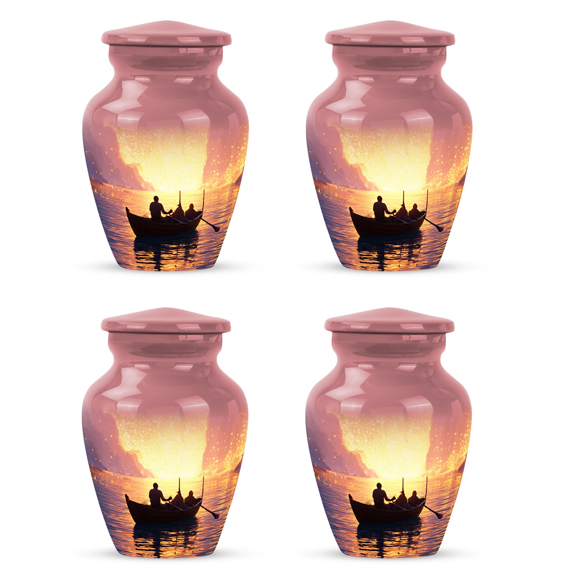 Fiery Red Boat Cremation Urn side profile showing urn shape - elegant classic boat relief with fine detailing - 10 inch aluminum urn for cremated remains