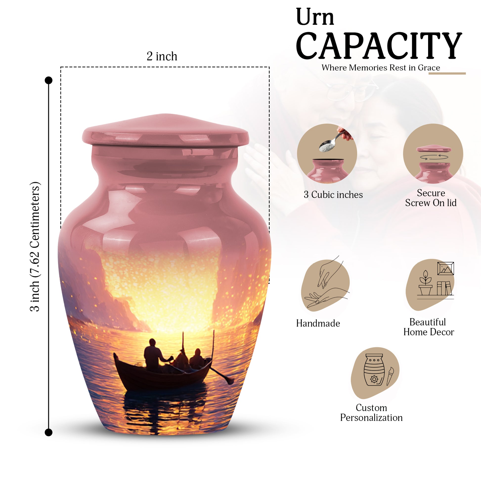 Ruby Red Boat Cremation Urn close-up of engraving and surface detail - traditional boat engraving with hand-polished finish - mini keepsake memorial for portion of cremation ashes
