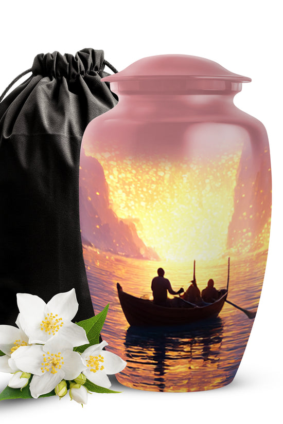 Burgundy Red Boat Cremation Urn angled view of lid and engraved motif - timeless boat motif etched into premium metal - full-size 10 inch 200 cubic inch adult cremation urn