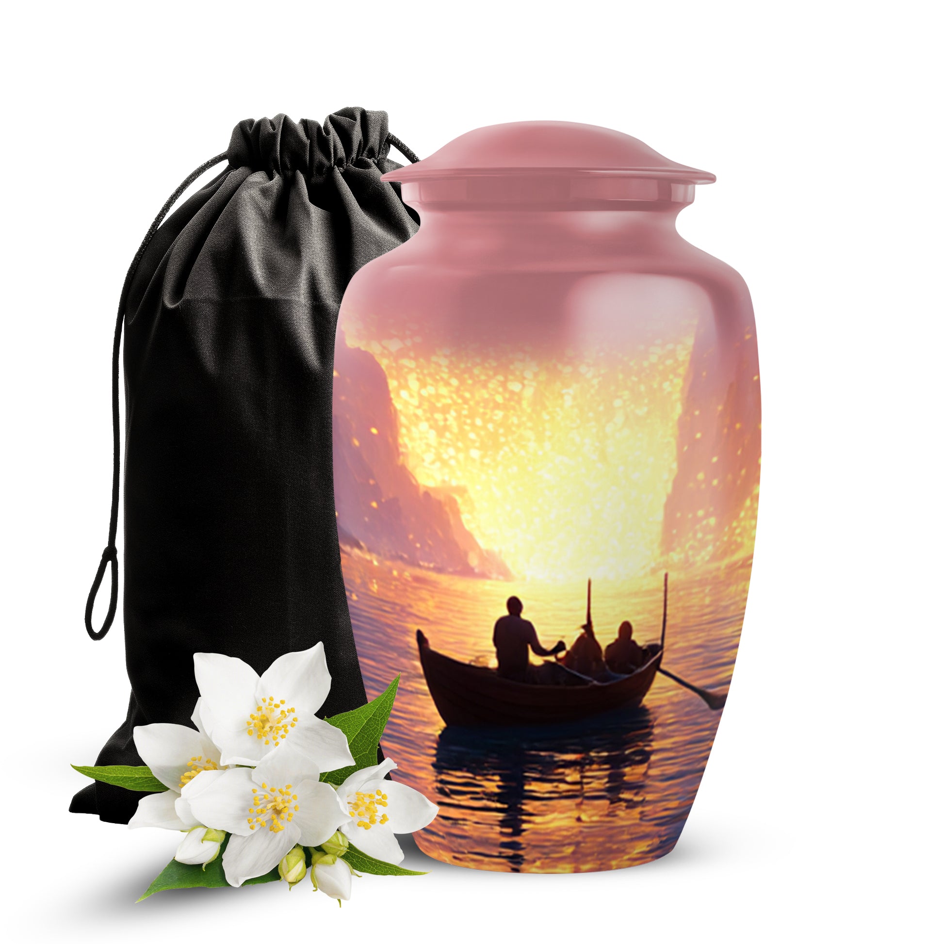 Burgundy Red Boat Cremation Urn angled view of lid and engraved motif - timeless boat motif etched into premium metal - full-size 10 inch 200 cubic inch adult cremation urn