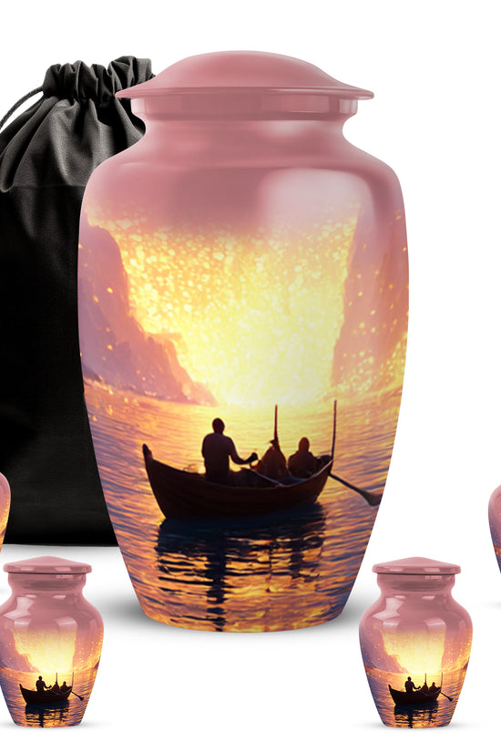 Ruby Red Boat Cremation Urn top-down view of secure threaded lid - elegant classic boat relief with fine detailing - memorial set with one large and four small urns