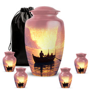 Ruby Red Boat Cremation Urn top-down view of secure threaded lid - elegant classic boat relief with fine detailing - memorial set with one large and four small urns